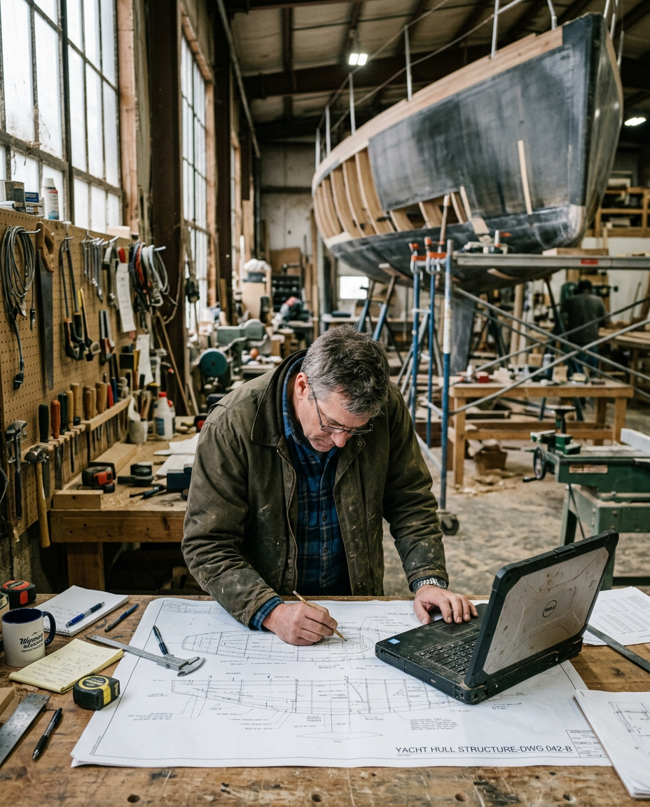 Naval architects working on a carbon fiber yacht hull under construction