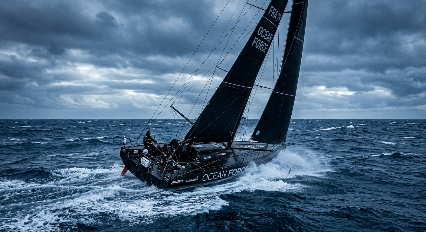 High-performance ocean racing yacht heeling through open ocean